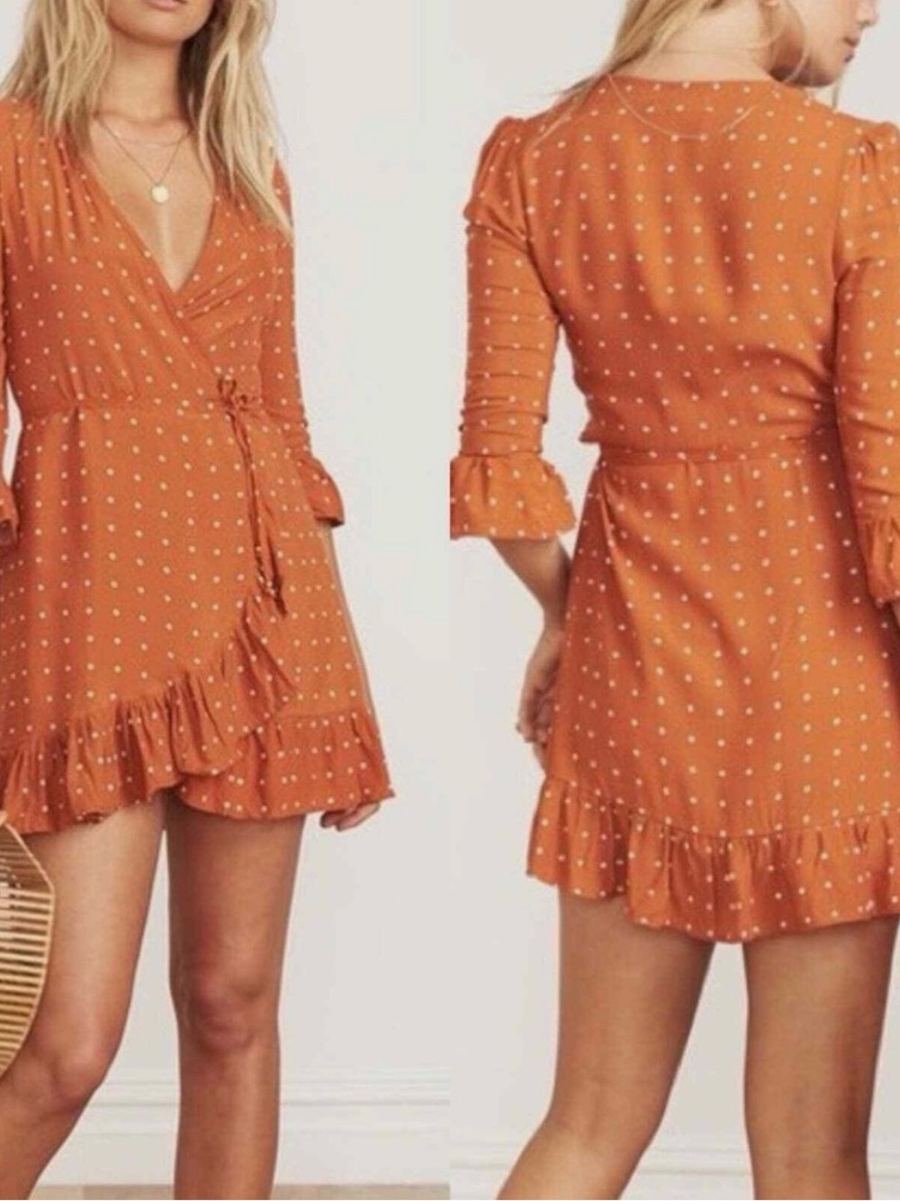 Faithfull the Brand Rust Orange Polka Dot Wrap Mini Dress